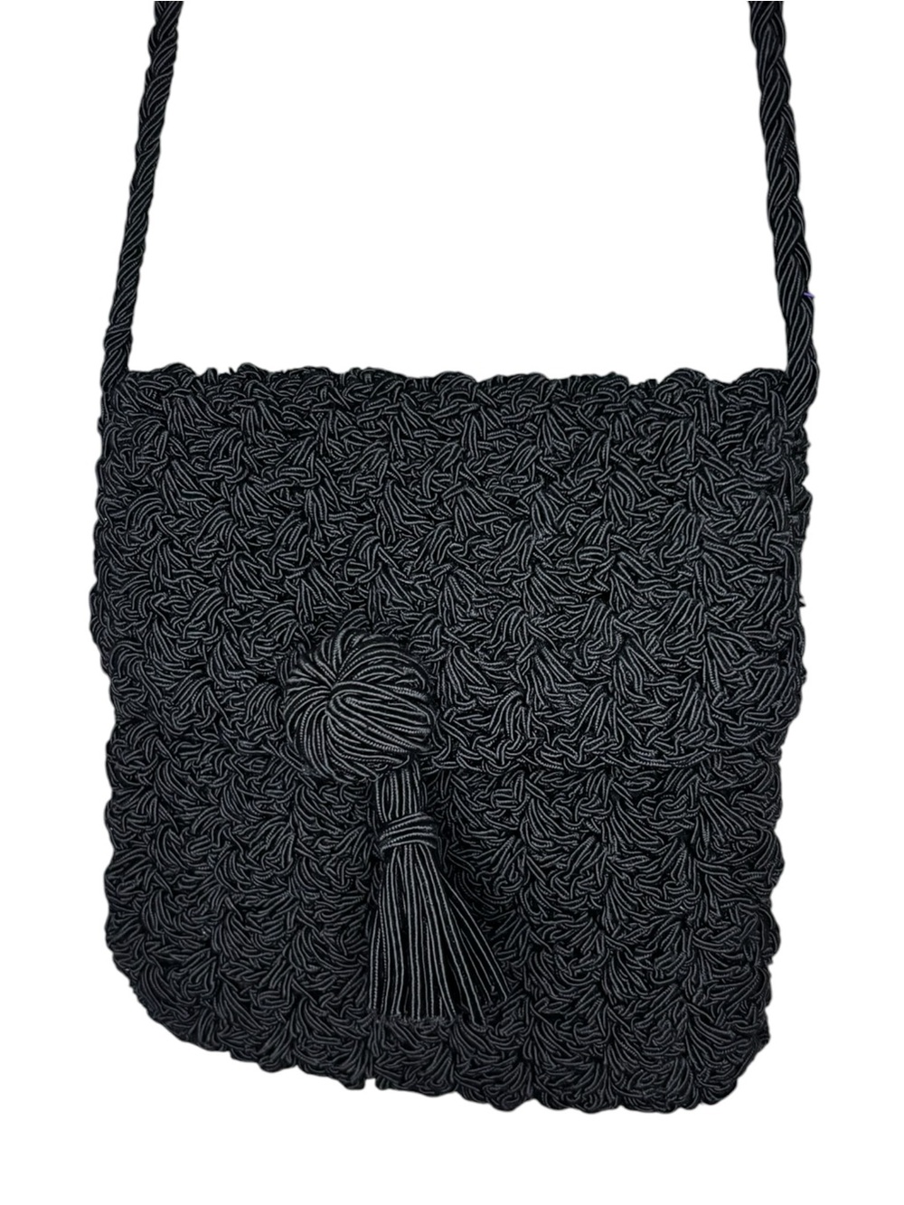 Vintage Black Handwoven Macramé Crossbody Bag Boho Tassel Purse - Picture 6 of 9